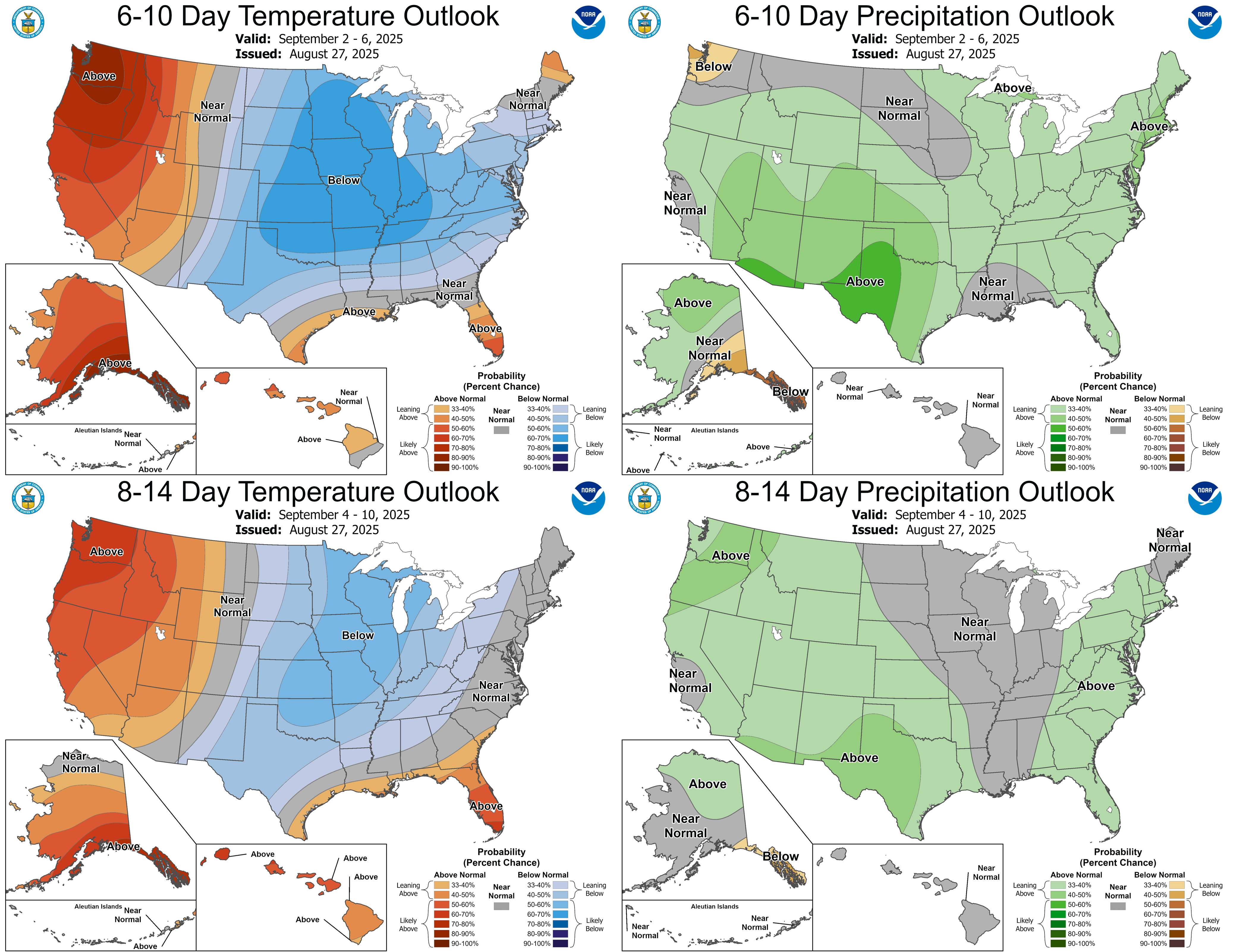 NOAA climate outlook maps for Sept. 2–6 and Sept. 4–10, 2025. Left panels show temperature outlooks with below-normal conditions in the Midwest and above-normal in the West. Right panels show precipitation outlooks with near-normal to above-normal chances across much of the U.S.